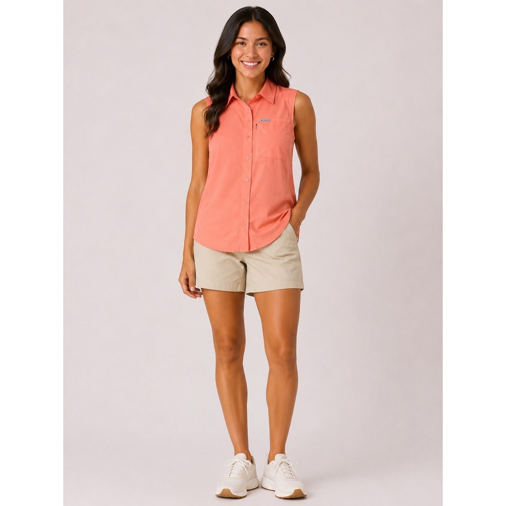 Columbia Womens Sleeveless Button Up Shirt Coral Pink Hiking Fishing Top Medium